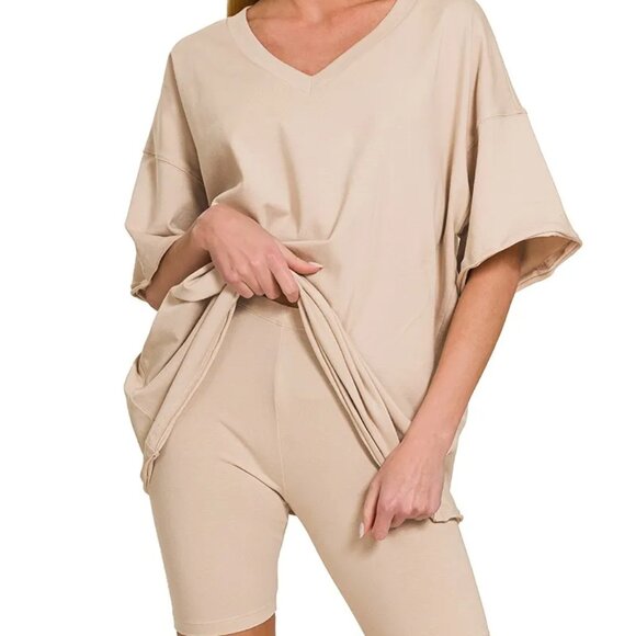 Zenana Cotton V-neck Top & Biker Shorts Set - Picture 1 of 3